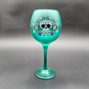Day Of The Dead Sugar Skull Teal Wine Glass With Colorful Floral Design READ